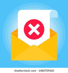 Open envelope with document paper sheet page check mark cross X icon sign vector illustration. Symbol of email confirmation, no delivery, verification flat design concept isolated on blue background.