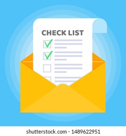 Open envelope with document paper sheet page check mark tick text icon sign vector checklist. Symbol of email confirmation, delivery, verification flat design concept isolated on blue background.