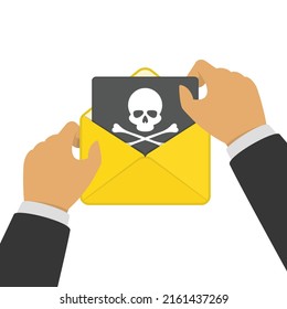 Open envelope and document with skull in hands. Virus, malware, email fraud, e-mail spam or hacker attack concept. Vector illustration in flat style. EPS 10.