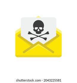 Open envelope and document with skull icon. Virus, malware, email fraud, e-mail spam or hacker attack concept. Vector illustration in flat style. EPS 10.