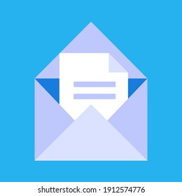 An open envelope with a document. For web design. Isolated on a blue background.
