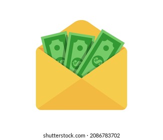 Open envelope with dollars. Money transfer concept. Flat vector icon