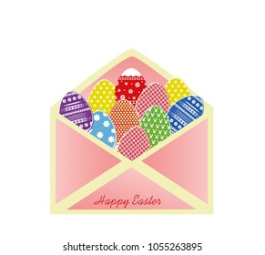 Open envelope with Easter colored eggs with a pattern.  Greeting card for the holiday. Vector illustration.