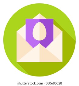 Open Envelope with Easter Egg Postcard Circle Icon. Flat Design Vector Illustration with Long Shadow. Spring Christian Holiday Symbol.