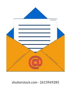 Open envelope with email document 2D doodle object. Mail marketing. Digital communication, newsletter cartoon element flat vector clipart isolated on white background. Hand drawn illustration