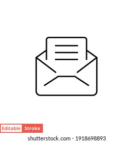 Abrir sobre, icono de línea de correo electrónico. Testimonios y concepto de gestión de relaciones con el cliente. Estilo de contorno simple. Ilustración vectorial aislada en fondo blanco. EPS de trazo editable 10. 