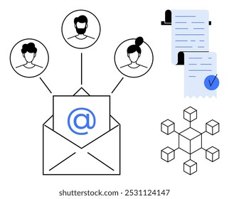 Open envelope with email symbol surrounded by three user icons, long documents with checklist, and connected cubes. Ideal for email communication, social network, digital documents, project