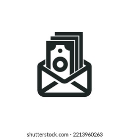 Open envelope filled with money icon isolated on white background. 