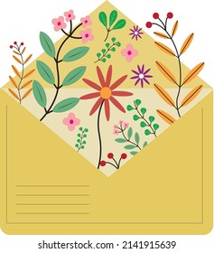 An open envelope filled with various flowers professionally on a white background