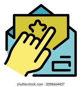 Open envelope and finger icon. Outline open envelope and finger vector icon color flat isolated