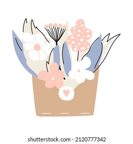 Open envelope with flowers. Delivery of bouquets, congratulations on birthday, anniversary or wedding. Stylish sticker or print for print. Vector illustration, cartoon element