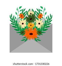 Open envelope with flowers and leaves. Isolated on white background. Good email concept. Symmetric composition. Hand drawn design. Stock vector illustration.
