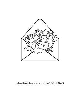 Open envelope with flowers outline doodle style vector illustration.