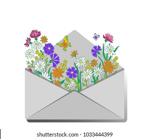 Open envelope with flowers. Spring greeting card.