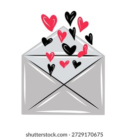Open envelope with flying heart shapes illustration symbolizing love messages, romance and emotions. Cute romantic vector design for Valentine's Day, greeting cards, invitations, stickers and branding