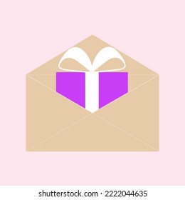 Offener Umschlag mit Geschenk. Brief mit violettem Geschenk. Flache süße Vektorgrafik. Konzept für Verkauf, Verkaufsförderung, Einkauf