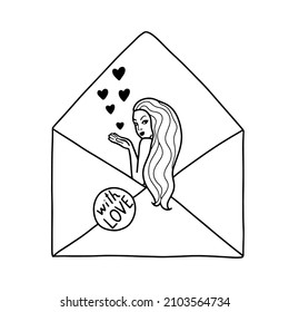 Open envelope with girl and hearts. Black silhouette on a white background. Congratulatory love message in doodle style. I love you. Element for greeting cards, posters, stickers and seasonal design.