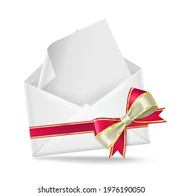 Open envelope with greeting blank card, golden with red bow realistic vector illustration. 