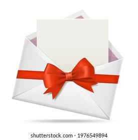Open envelope with greeting card, with wrapping red bow realistic vector illustration. 