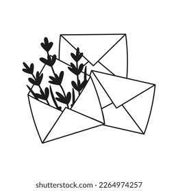 Sobre abierto con flores de lavanda dibujadas a mano. Ilustración vectorial. Estilo simple de garabato.