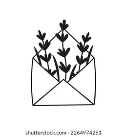 Offener Umschlag mit handgezeichneten Lavendelblumen. Vektorgrafik. Einfach doodle-Stil.