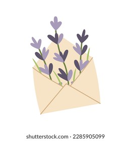 Open envelope with hand drawn lavender flowers. Vector illustration. Simple flat style.