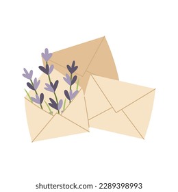 Sobre abierto con flores de lavanda dibujadas a mano. Ilustración vectorial. Sencillo estilo plano.