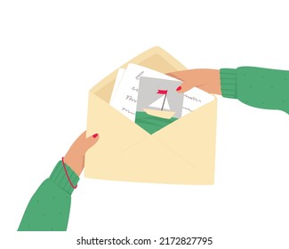 An open envelope in hands with a letter and a postcard on a white background. Hands hold an envelope with a letter. Flat vector illustration