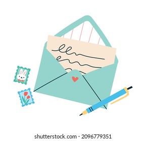 Open Envelope With A Handwritten Letter Inside. Vector Illustration Of A Love Letter, Postage Stamps And A Pen In Modern Flat Style.