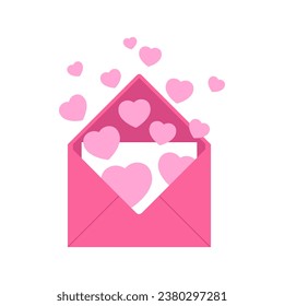 Sobre abierto con corazón. Corazones voladores, sentimientos románticos o mensajes de declaración de amor. Poster del día de San Valentín, afiche de la racia del vector plano