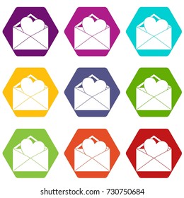 Open envelope with heart icon set many color hexahedron isolated on white vector illustration