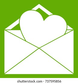 Open envelope with heart icon white isolated on green background. Vector illustration