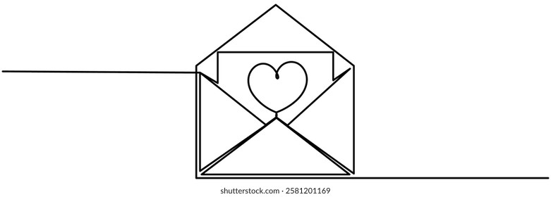 Open envelope with heart shape continuous line drawing. Received email love message symbol. Valentine's day concept.Vector illustration isolated on white.