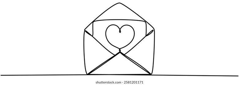 Open envelope with heart shape continuous line drawing. Received email love message symbol. Valentine's day concept.Vector illustration isolated on white.