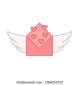 open envelope and heart shapes with wings. vector design illustration.