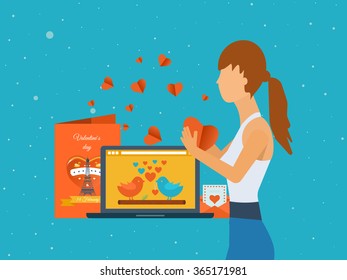Open envelope with hearts cards in the hands of a girl. Valentine's day greeting letter. Valentines Day gift card. Invitation card for wedding. Concept for Valentines day, wedding, love