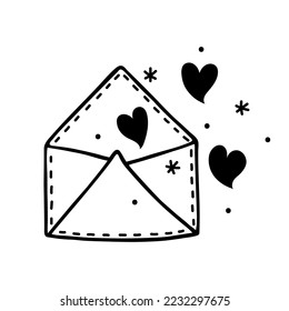 An open envelope with hearts flying out. Simple vector icon isolated on white background. Hand drawn cute romantic doodle. Love message, congratulations on Valentine's Day. For cards, posters, prints