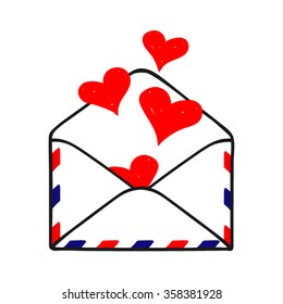 Open envelope with hearts, hand drawn. Love letter, doodle sketch vector illustration.