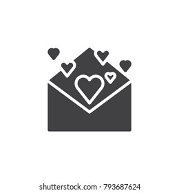Open envelope with hearts icon vector, filled flat sign, solid pictogram isolated on white. Happy valentine's day message symbol, logo illustration.