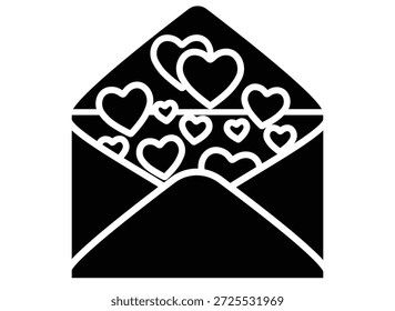 Un sobre abierto con corazones dentro, una carta de amor. Sobre con corazones: una Imagen de Vector de silueta adecuada para un logotipo, pictograma o plantilla. Icono del sobre del día de San Valentín