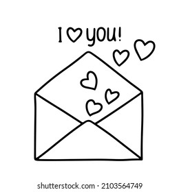 Open envelope with hearts and lettering. Black silhouette on white background. Congratulatory love message in doodle style. I love you. Element for greeting card, poster, sticker and seasonal design.