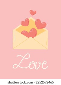 Open Envelope with hearts and lettering Love. Vector postcard or banner for valentines day.