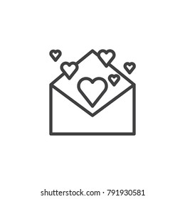 Open envelope with hearts line icon, outline vector sign, linear style pictogram isolated on white. Happy valentine's day message symbol, logo illustration. Editable stroke