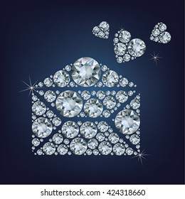 Open envelope with hearts made a lot of diamonds.