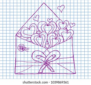 Open envelope with hearts on copybook background. hand drawn Vector illustration.