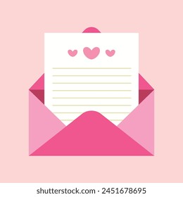 Open envelope with hearts on white background.