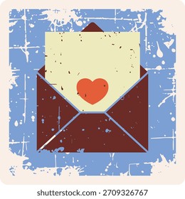 O envelope aberto possui uma carta com coração, bordas grunge texturizadas e sombreamento retro plano. O motivo do correio rústico mostra a mensagem de romance sobre fundo desgastado. Ilustração de vetor de desenhos animados