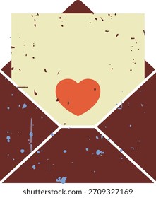 Sobre abierto sostiene una tarjeta texturizada que lleva un corazón, renderizado en estilo de Vector retro plano. La pieza de correo rústica muestra papel desgastado, grunge moteado y geometría de forma atrevida. Ilustración vectorial de dibujos animados