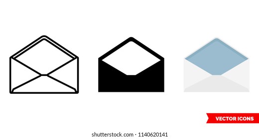 Open envelope icon of 3 types: color, black and white, outline. Isolated vector sign symbol.