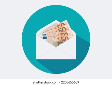 
Open envelope icon with 50 euro bills. Envelope with wages or salary. Cash payment